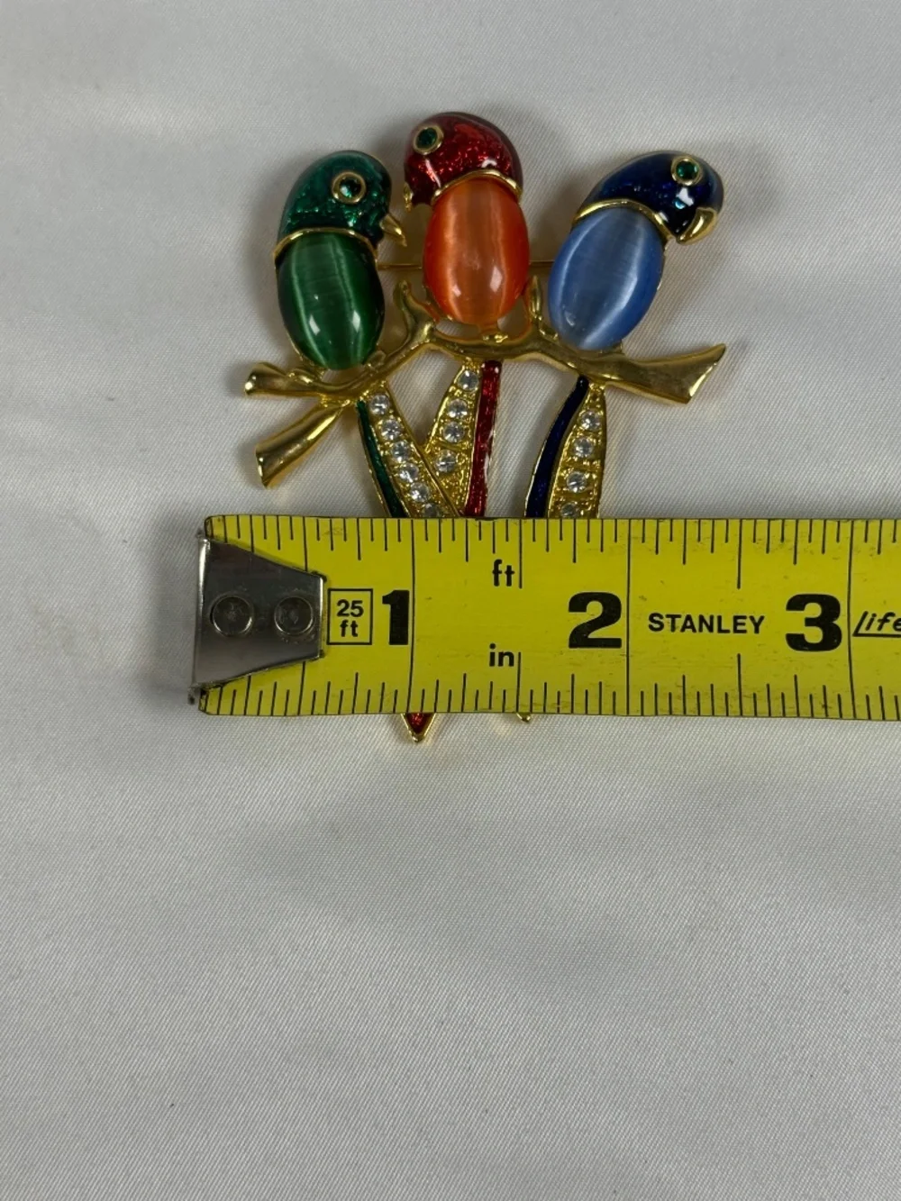 Vintage Colorful Three Bird Parrot Brooch Rhinestone Cat Eye Gold Tone